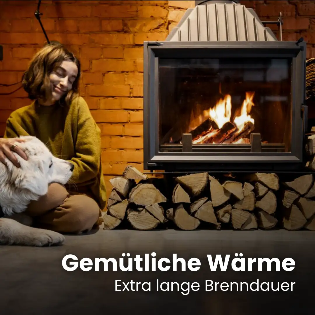 Frau und Hund entspannen umarmt vor einem lodernden Kaminfeuer, unterstrichen durch die erstklassige Brennqualität des Kaminholzes von Kaminholz Breuer.