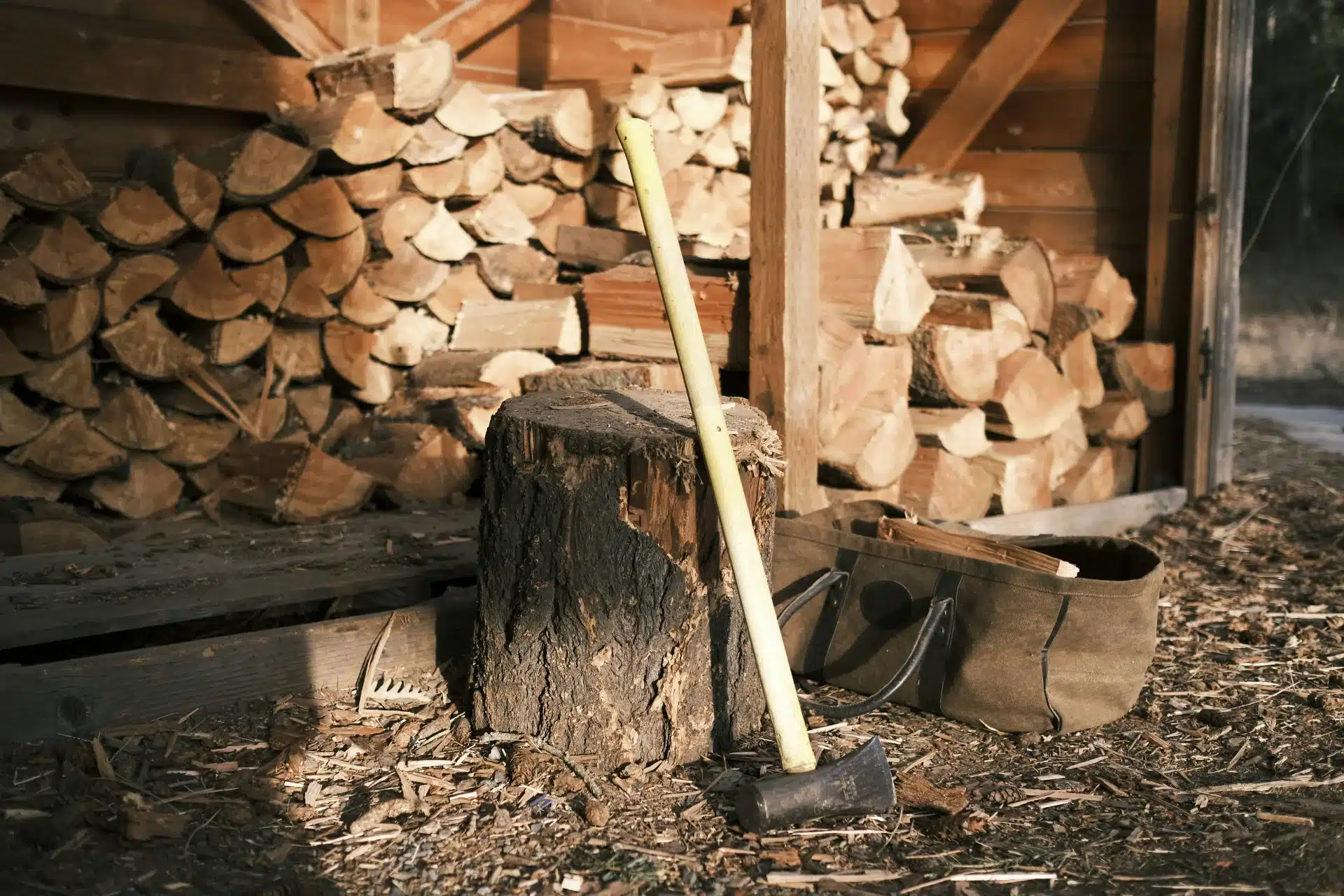 Ein Bild von gespaltenem Brennholz und einer Axt, das die traditionelle Vorbereitung von Kaminholz darstellt, passend zum Blogartikel 