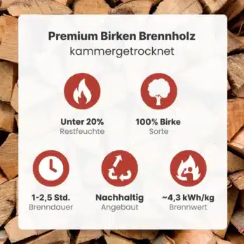 Premium Birken Brennholz, kammergetrocknet mit unter 20% Restfeuchte, 100% Birke, nachhaltig angebaut, 1-2,5 Stunden Brenndauer und ~4,3 kWh/kg Brennwert.